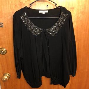LOFT black cardigan with jeweled Peter Pan collar
